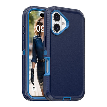 iPhone 16 Rugged Armour Case Cover with 360° Rotation, Belt Clip, and Kickstand - Tough and Shockproof ProtectionClip - Navy